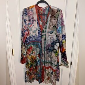 Johnny Was 100% Silk Multicolor Floral Button Down Kimono Size Large